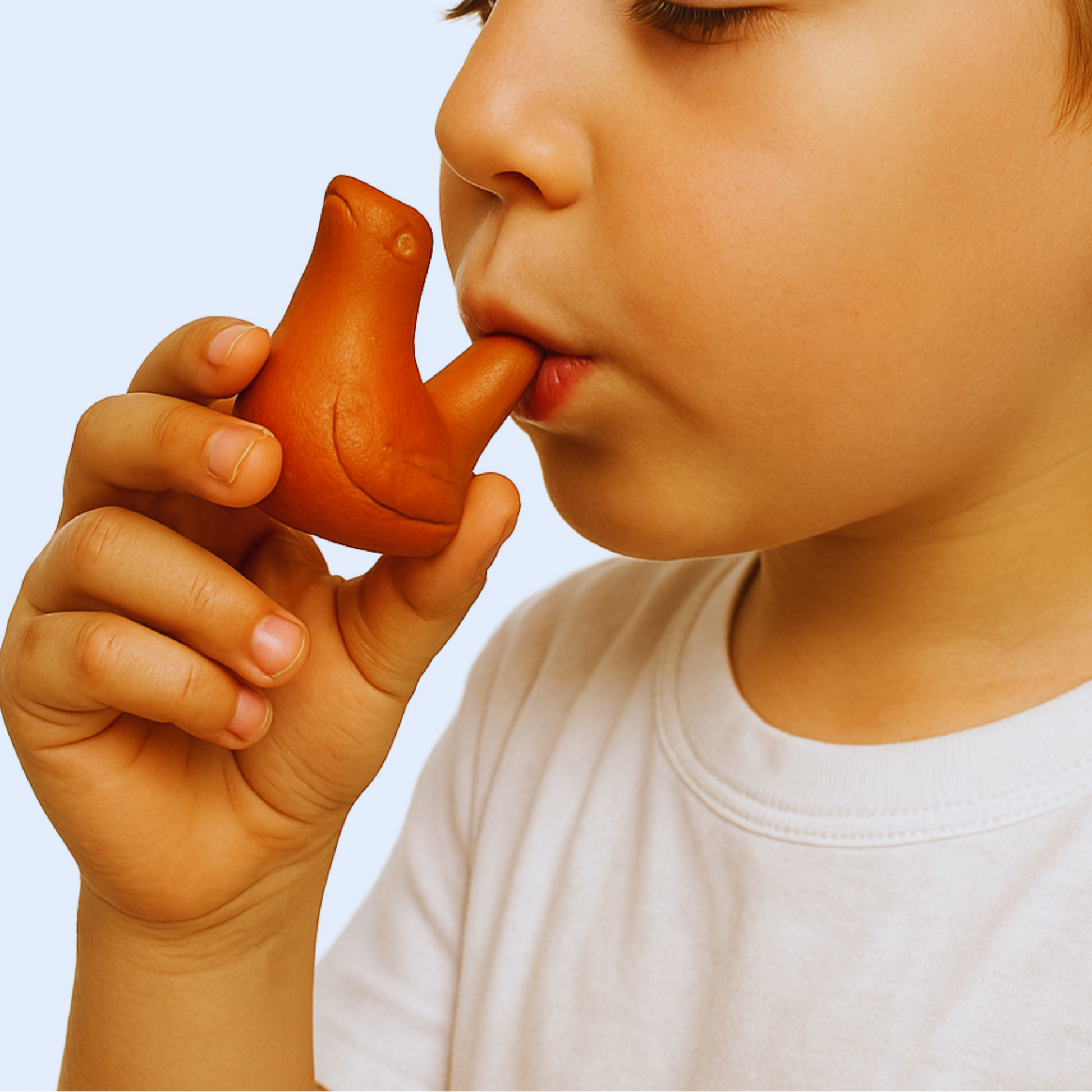 Child holding a small brown bird figurine to their mouth against a light blue background